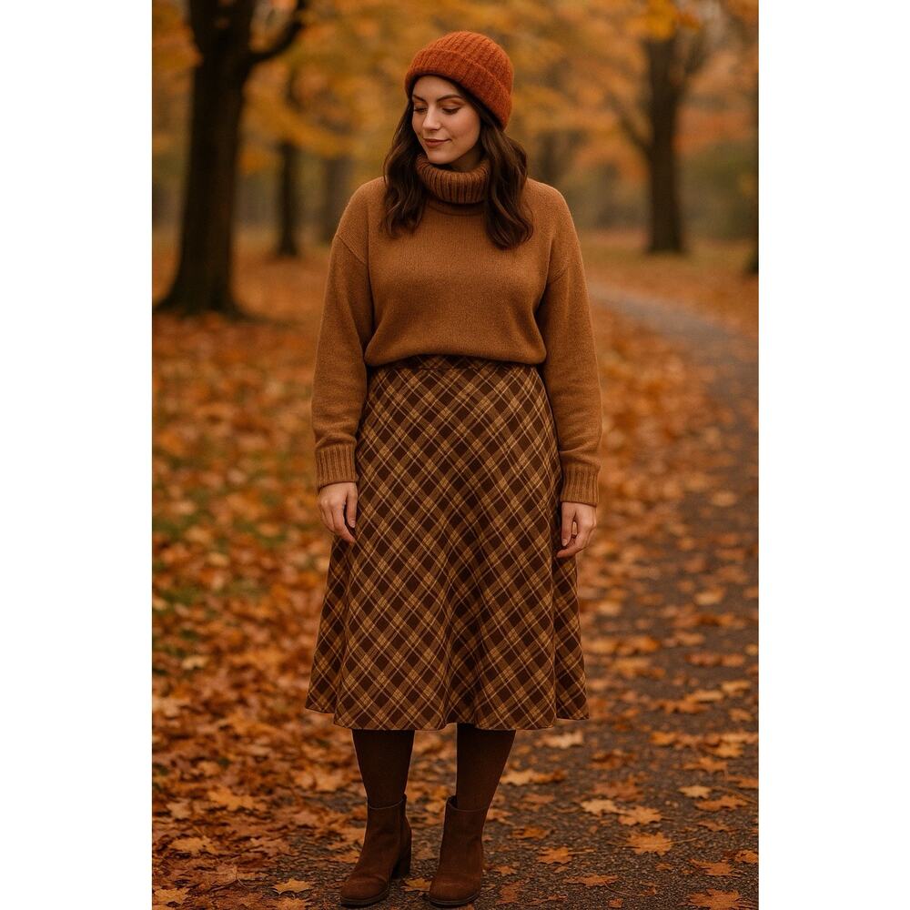 Vtg Jones‎ New York Sports Petite Brown Plaid Skirt Midi 8P Fall Autumn Preppy